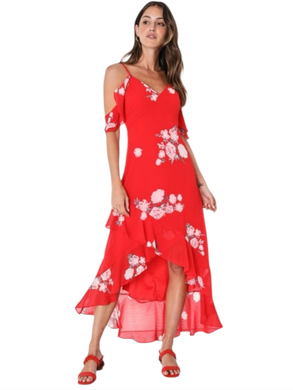 Lulus Love in Bloom‎ Red Floral High Low Summer Dress Size M Romantic Feminine